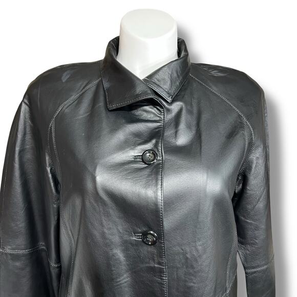 East 5th Womens Leather Jacket Long Coat Collared Button Closure Black Large - Picture 3 of 14